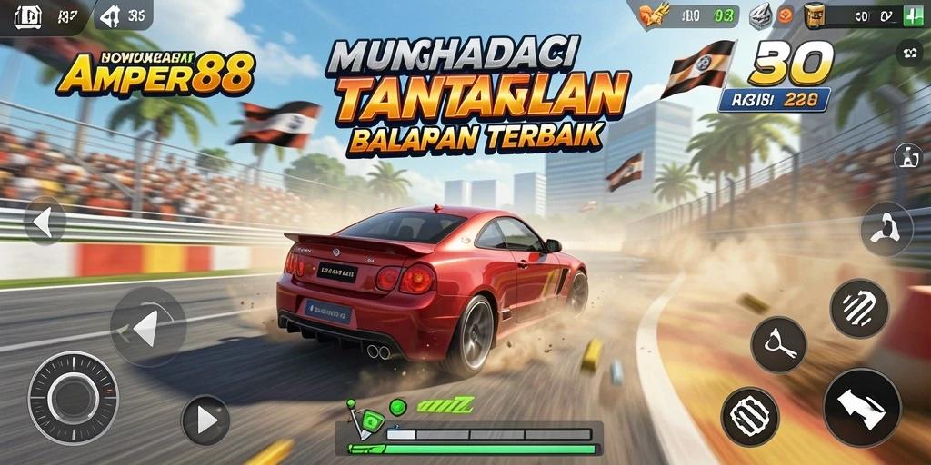Tampilan layar gameplay balapan AMPER88 yang mendebarkan dan grafis menawan.