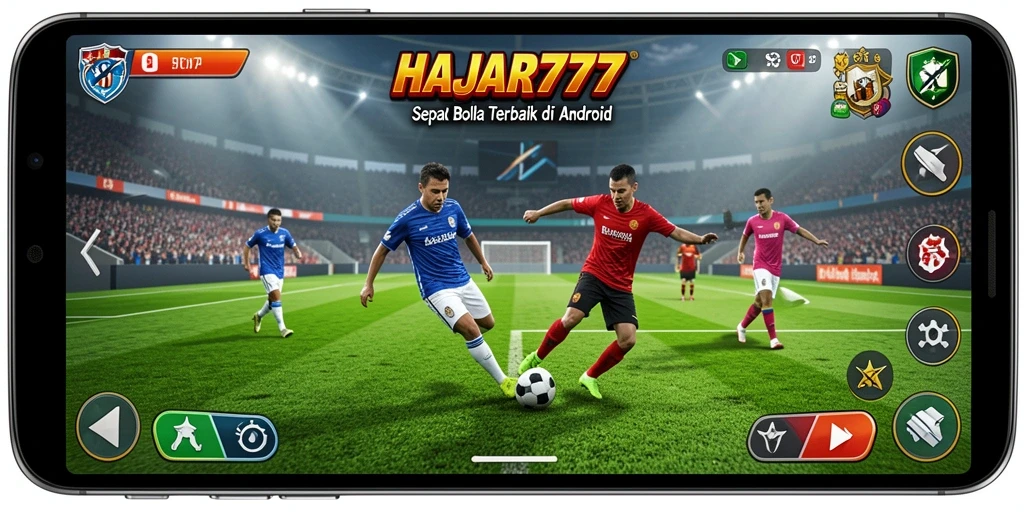 Screenshot utama HAJAR777 menampilkan aksi intens di lapangan sepak bola.