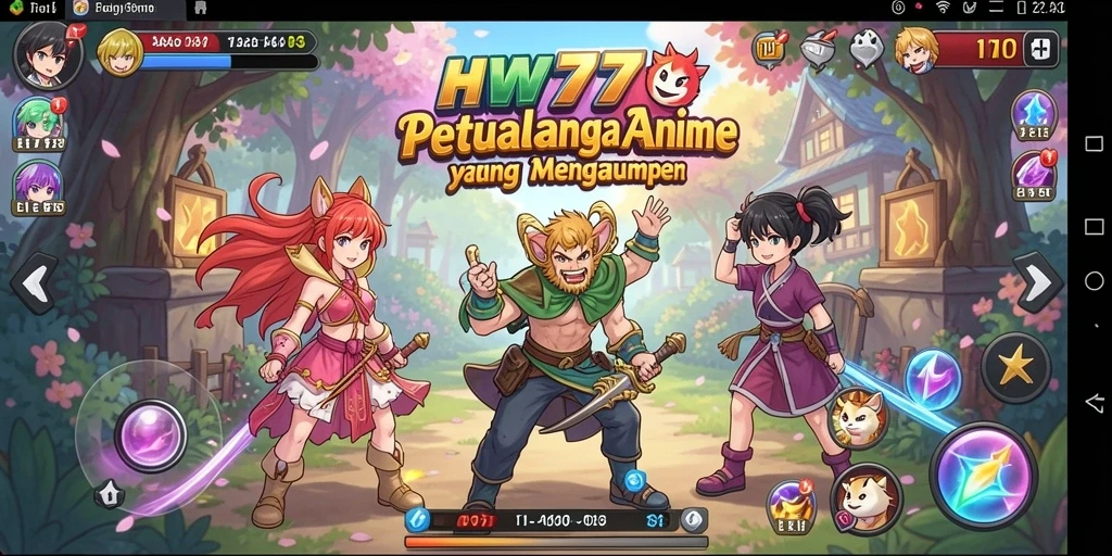Tangkapan layar dari gameplay HW777 yang menunjukkan pertempuran karakter Anime.