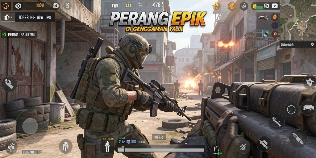 Screenshot menampilkan aksi intens di medan tempur FPS.
