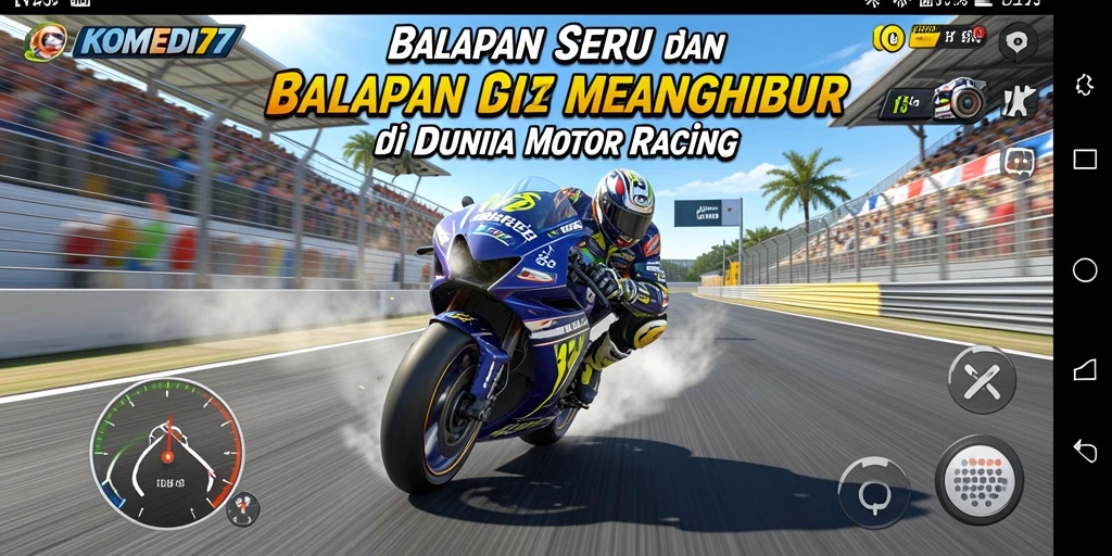 Screenshot utama KOMEDI77 menampilkan aksi balapan motor yang seru dan menyenangkan.