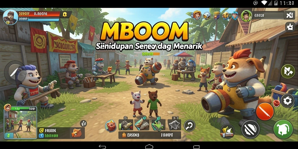 Screenshot permainan MBOOM yang menampilkan interaksi karakter dalam simulasi kehidupan.