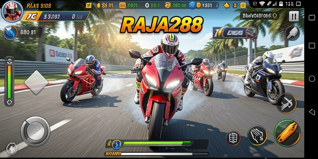 Screenshot gameplay RAJA288 menampilkan aksi balap motor yang mendebarkan.